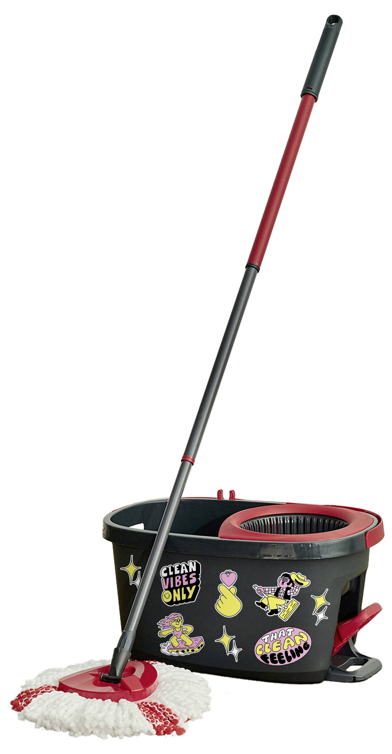 Spin-Mopp- und Eimer-Reinigungsset mit einem rot-schwarzen Eimer, verziert mit „Clean vibes only