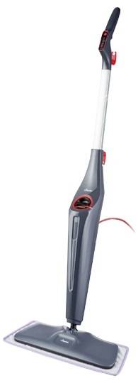 Ein grauer und roter Dampfreiniger mit langem Griff und Stromkabel, entwickelt für die Reinigung von Hartböden.