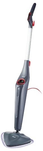 Ein aufrechter Dampfreiniger in Grau und Rot mit rechteckiger Basis, entworfen zum Reinigen von Böden.