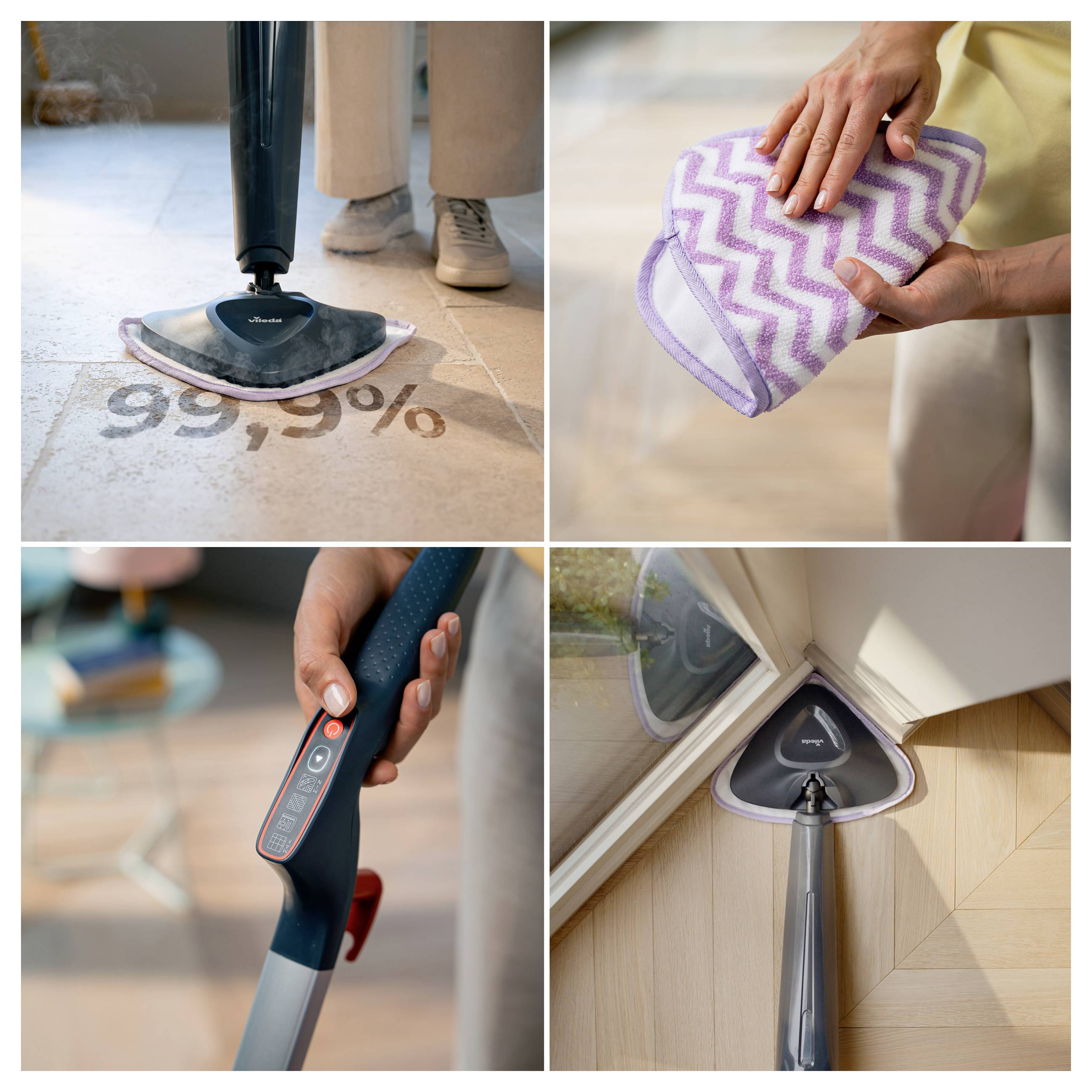 Eine Person reinigt Böden mit einem Dampfreiniger und demonstriert dessen Verwendung bei Schmutz und in Ecken. Nahaufnahme von Griffbedienelementen und gemustertem Reinigungstuch.