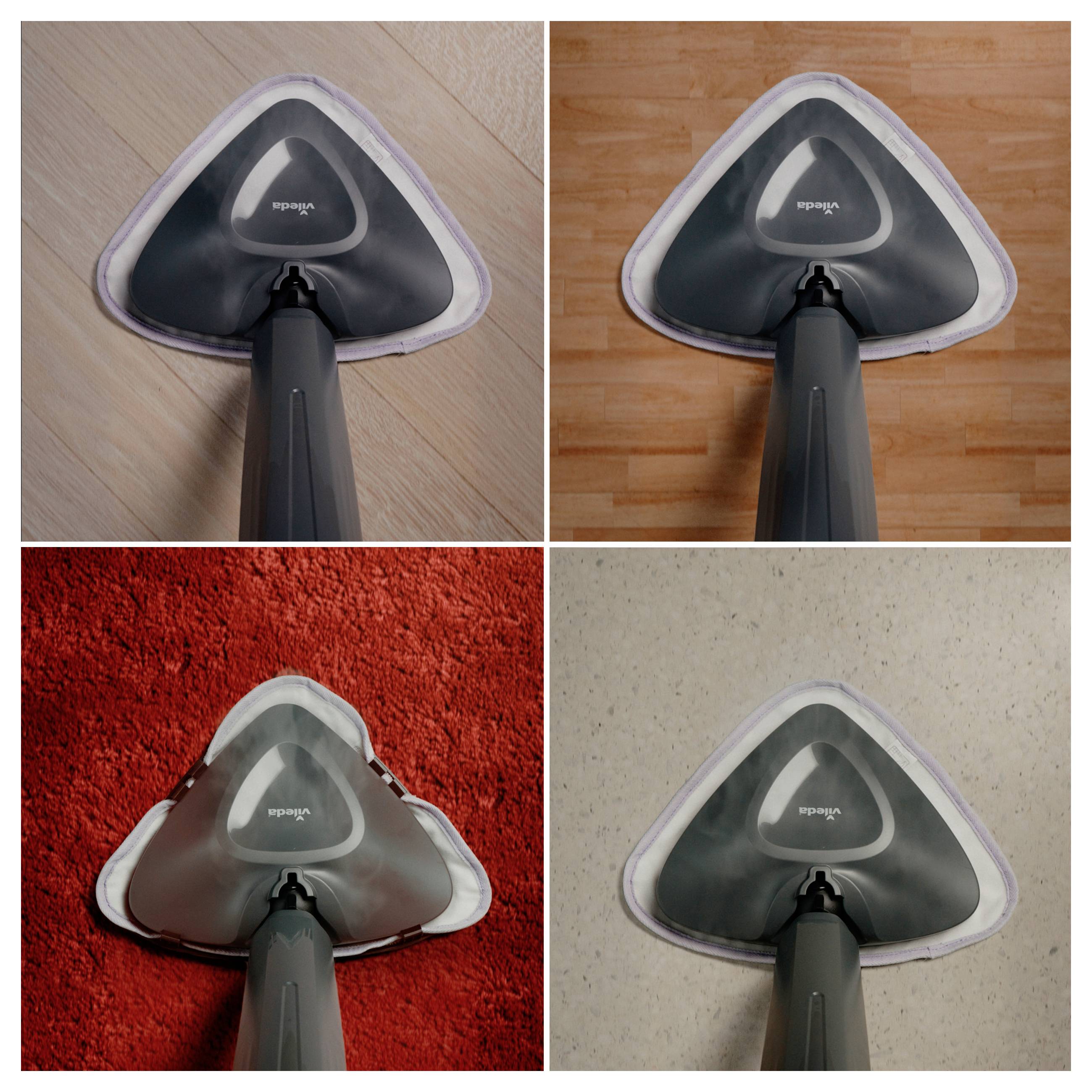 Ein Dampfreiniger wird auf vier verschiedenen Bodentypen gezeigt: Holz, helles Holz, roter Teppich und Fliesen, wodurch seine Vielseitigkeit hervorgehoben wird.