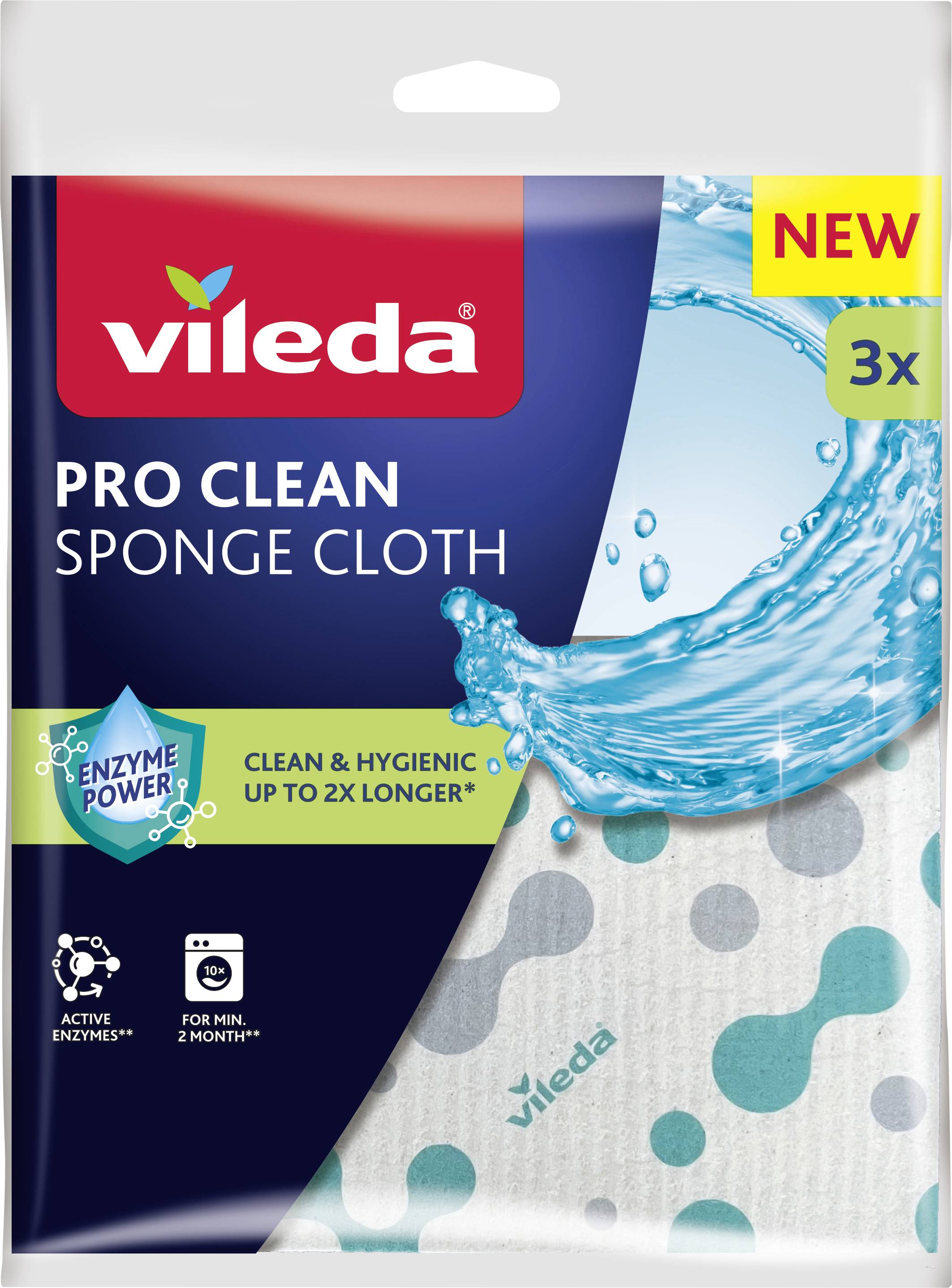 Vorderansicht einer Vileda Pro Clean Schwammtuch-Packung mit einem großen blau-grünen Tropfendesign. Die Packung enthält drei Tücher.