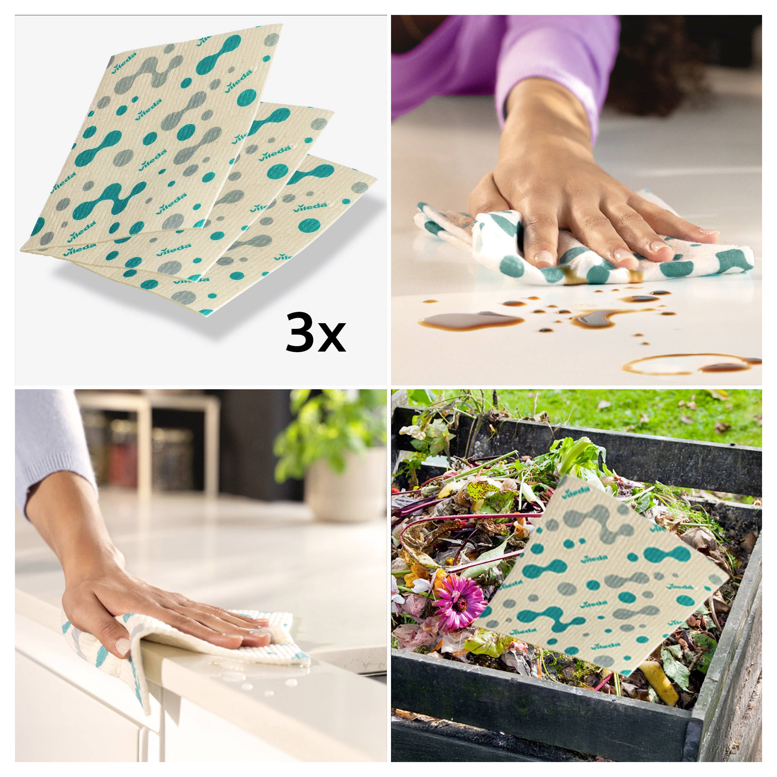 „Drei wiederverwendbare Reinigungstücher mit blaugrünen Mustern. Eine Hand wischt ein Verschüttetes auf einer Arbeitsplatte ab; eine andere Szene zeigt die Kompostentsorgung.