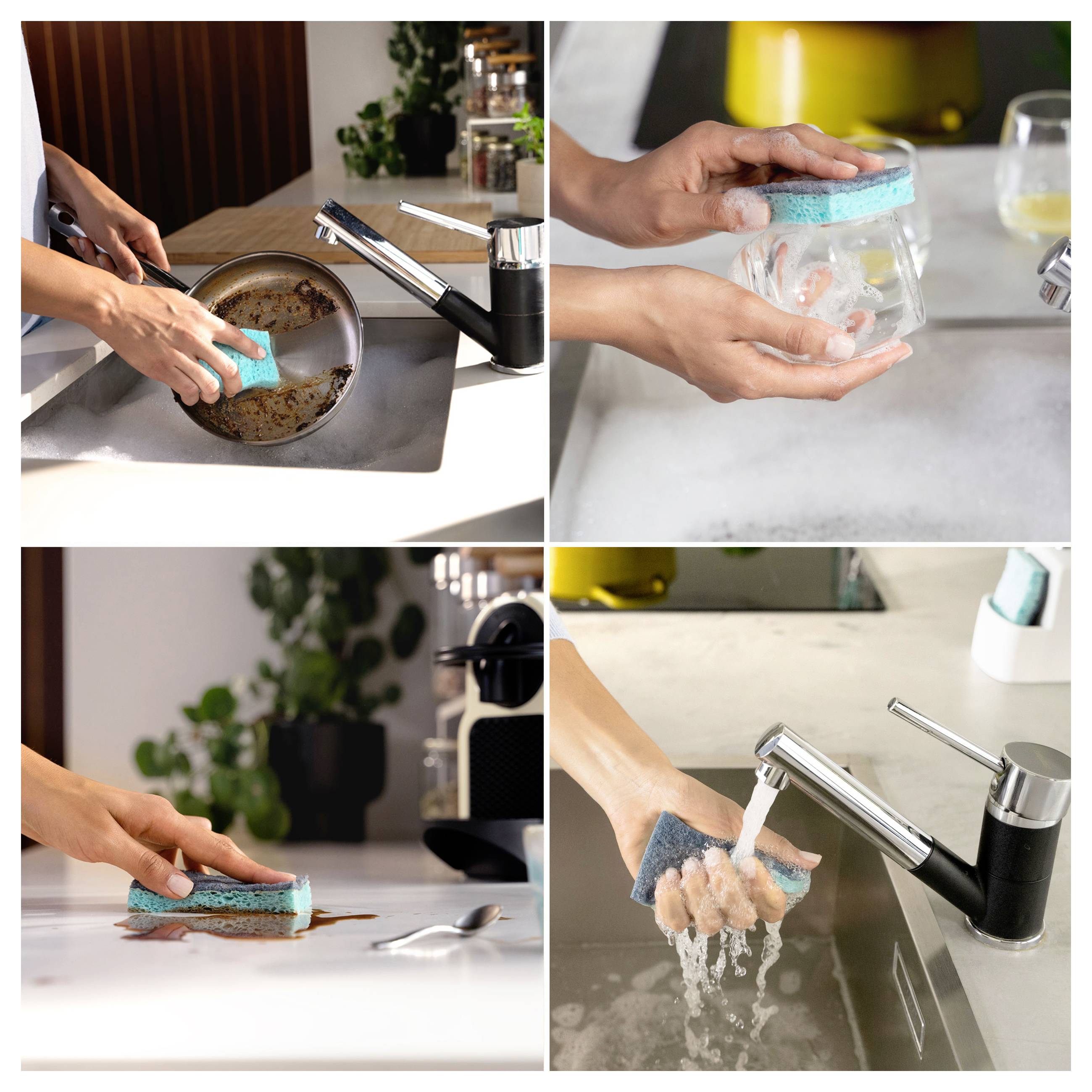 Vier Bilder, die Schritte beim Abwaschen zeigen: Reinigung einer Pfanne, Schrubben eines Glases, Abwischen einer Arbeitsfläche und Ausspülen eines Schwamms unter einem Wasserhahn.