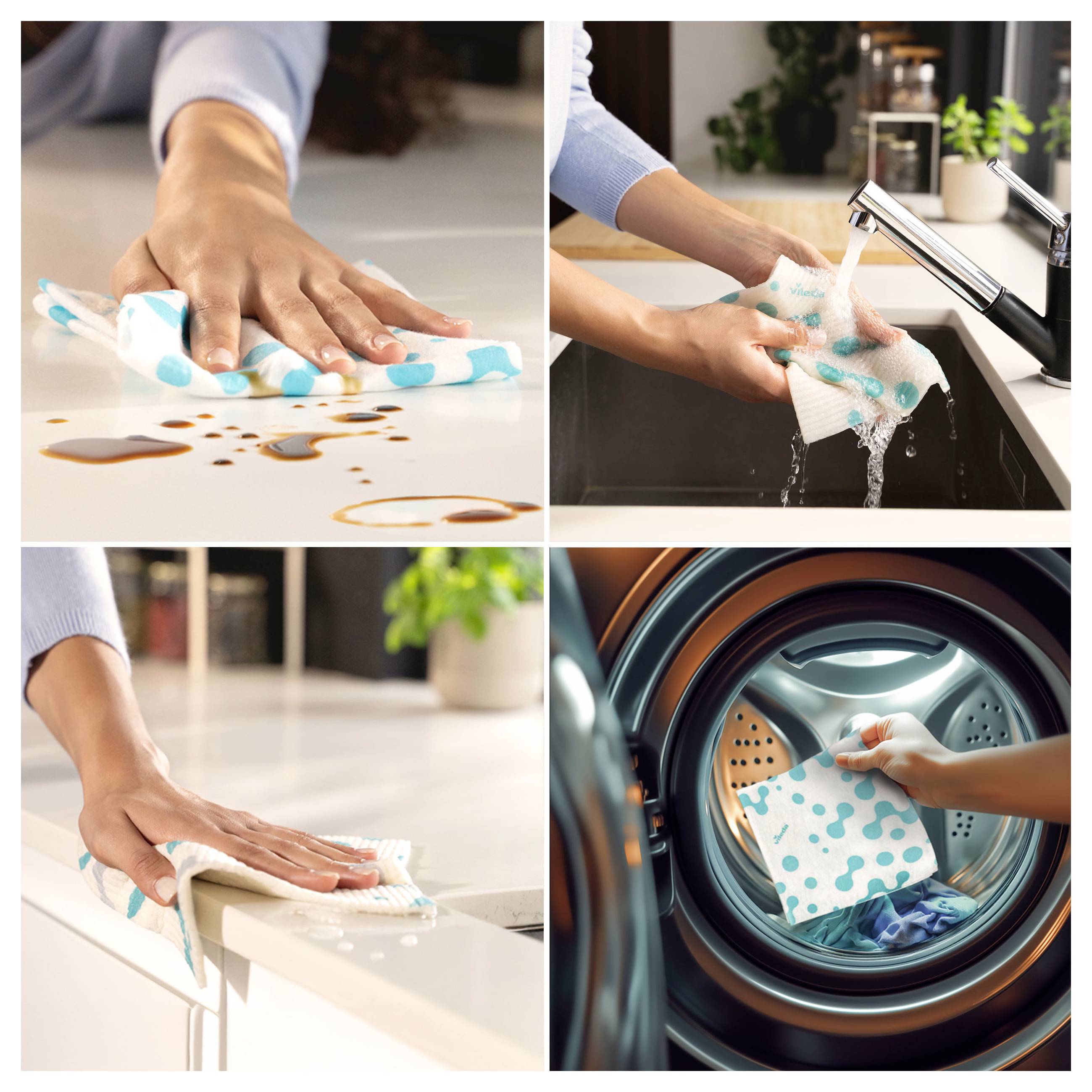 Eine Person reinigt eine Küche mit einem wiederverwendbaren Tuch; sie wischt eine Arbeitsplatte ab, spült das Tuch unter einem Wasserhahn aus und legt es in eine Waschmaschine.