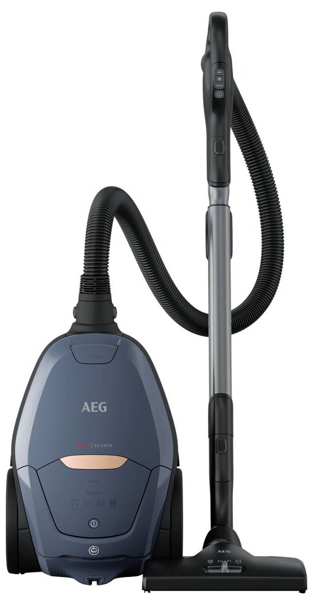 Ein blauer AEG-Staubsauger mit Schlauch und Bodendüse, entwickelt für effiziente Haushaltsreinigung.