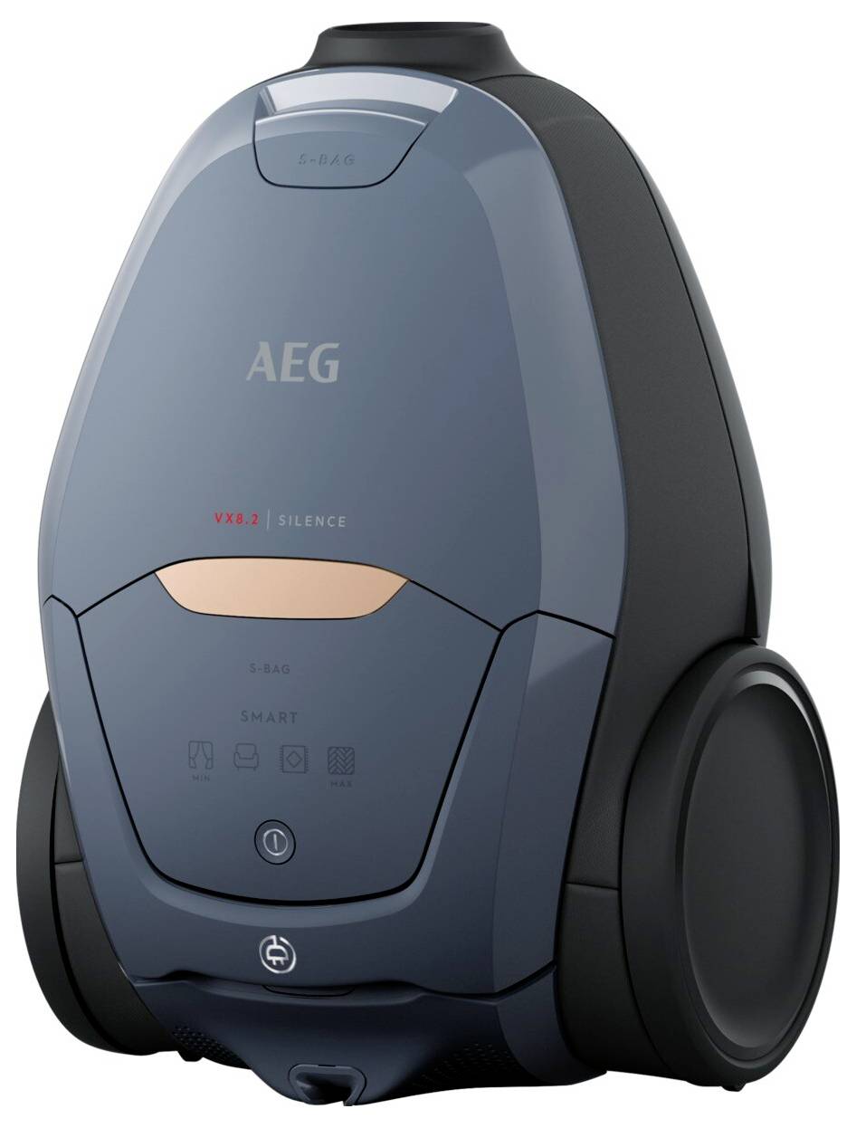 Ein dunkelgrauer AEG-Staubsauger mit schlankem Design, mit der Bezeichnung 