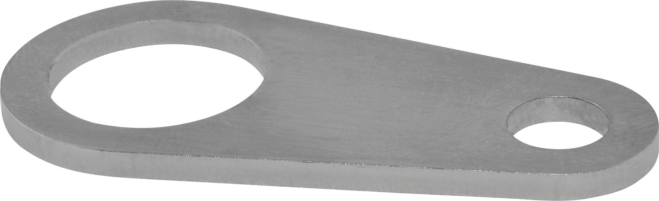 Eine flache, silberfarbene Metallklammer mit einer tropfenförmigen Form, die eine große kreisförmige Öffnung an einem Ende und ein kleineres kreisförmiges Loch am anderen Ende aufweist.