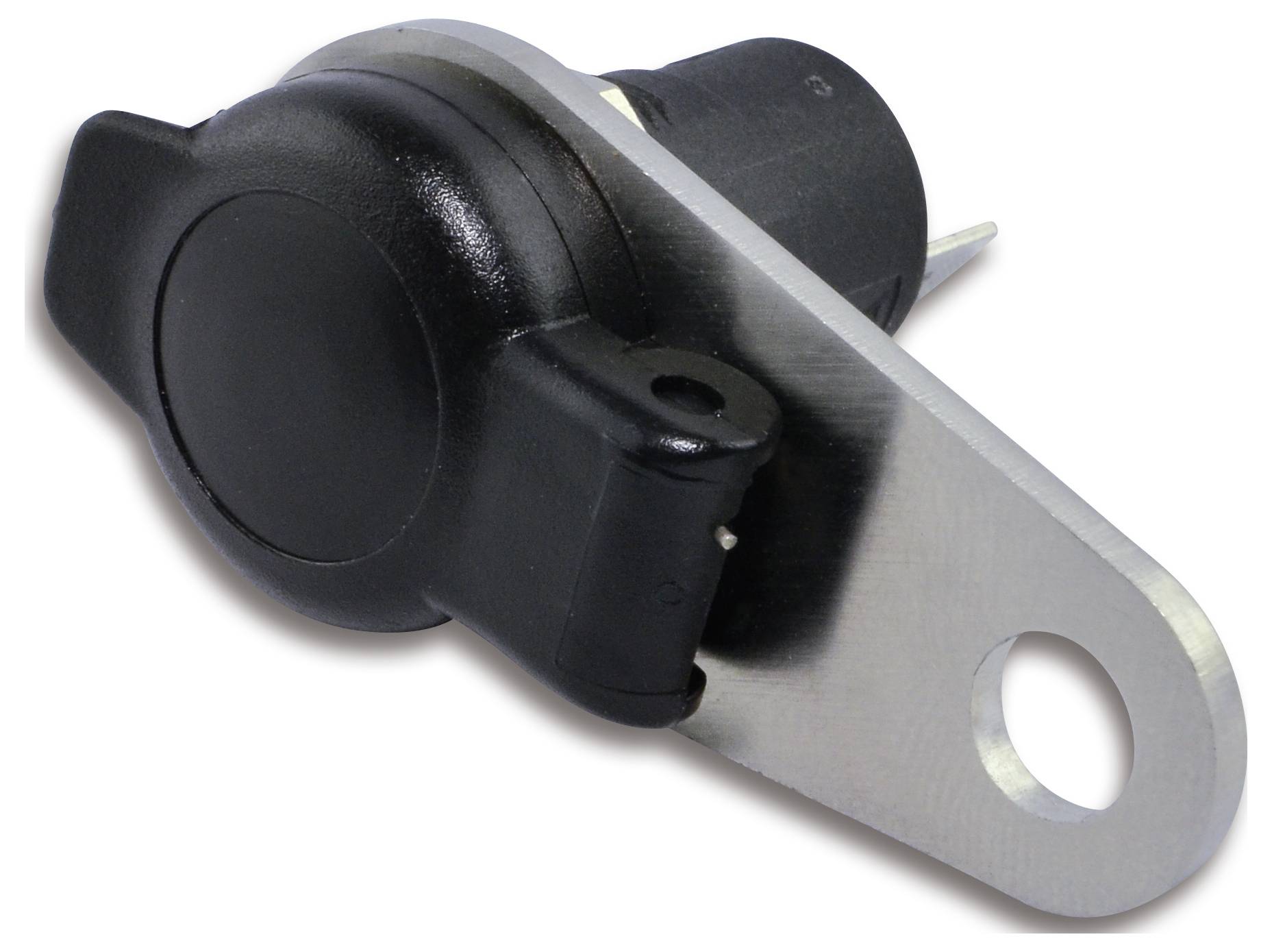 Ein kleiner schwarzer Druckschalter mit einer Metall-Befestigungshalterung für elektronische Geräte.