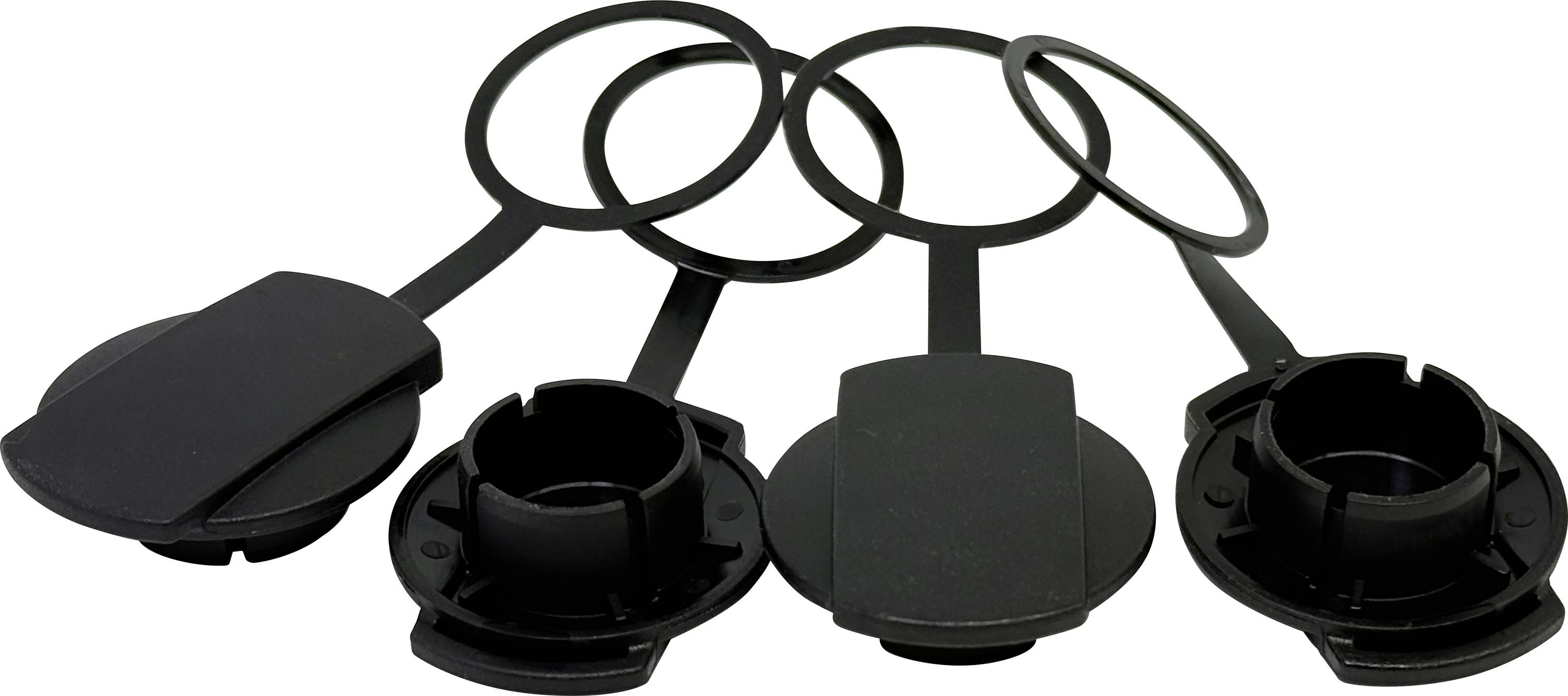 „Schwarze Kunststoffschutzdeckel mit Ösen zum Verschließen und Schutz von Öffnungen in Industriebehältern, vierteiliges Set.
