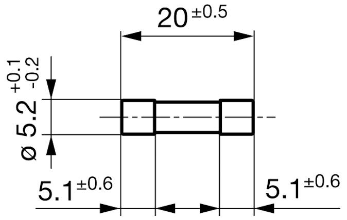 Technische Zeichnung eines Maschinenteils mit gekennzeichneten Abmessungen: 20±0,5 mm Breite, 5,2±0,1/-0,2 mm Durchmesser, 5,1±0,6 mm Seitenlängen.
