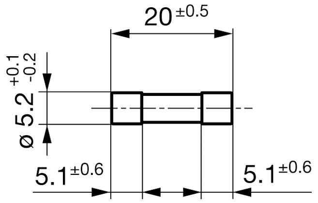 Technische Zeichnung eines zylindrischen Objekts; 20±0,5 Einheiten breit, Durchmesser 5,2+0,1/-0,2 Einheiten, zwei Teile je 5,1±0,6 Einheiten lang.