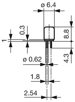 Technische Komponentenzeichnung mit Abmessungen: Durchmesser 6,4, Länge 8,8, Breite 0,3, 4,3, 1,8, 2,54, Durchmesser 0,62.