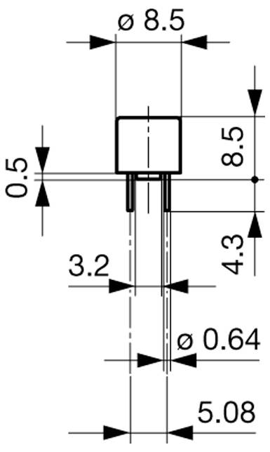 Technische Zeichnung einer elektronischen Komponente mit Abmessungen: Durchmesser 8,5, Höhe 8,5 und Stiftabmessungen 3,2 breit, 0,64 Durchmesser.