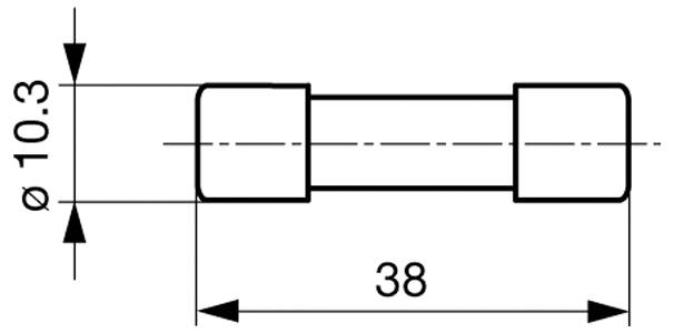 Technische Zeichnung eines zylindrischen Objekts mit einem Durchmesser von 10,3 mm und einer Länge von 38 mm, mit Endkappen, die einen etwas größeren Durchmesser aufweisen.