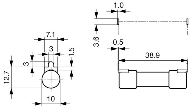 Technische Zeichnung eines rechteckigen Objekts mit Abmessungen: 10,2 x 6,77 x 2,2 mm auf der linken Seite, 11,4 x 7 mm auf der rechten Seite.