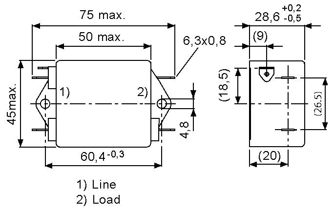 'Schaltplan einer elektrischen Komponente mit Maßangaben. Zeigt das Layout mit den Abmessungen: 75x60 mm max, und Bezeichnungen 