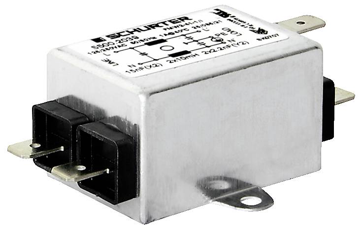 Eine rechteckige metallische elektronische Komponente mit Beschriftungen, die 250V und 16A Nennwerte angeben, mit zwei schwarzen Steckverbindern und Montagelöchern.