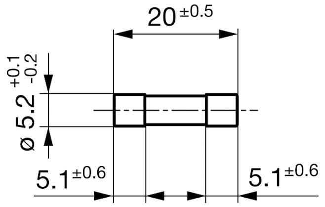 Technische Zeichnung eines zylindrischen Teils mit Abmessungen. Länge: 20±0,5mm, Außendurchmesser: 5,2+0,1/-0,2mm, Endfunktionen: 5,1±0,6mm.
