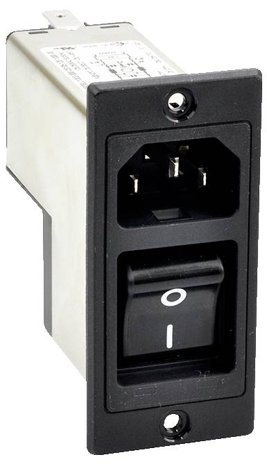 Ein schwarzer rechteckiger Stromschalter mit einem 