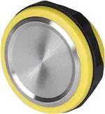 Ein grünes RGB-LED-Gehäuse mit metallischer Basis, das ein prominentes 'e' auf der Oberseite aufweist und Elektronik oder Energieeffizienz symbolisiert.