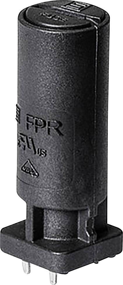 Eine schwarze zylindrische elektronische Komponente mit Metallstiften, gekennzeichnet mit Markierungen und einem Text 