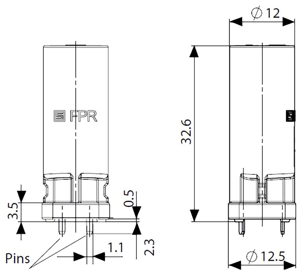 Technische Zeichnung einer FPR-Komponente mit Abmessungen: Durchmesser 12, Höhe 32,6, mit Stiftdetails 3,5 und 2,3 Einheiten.