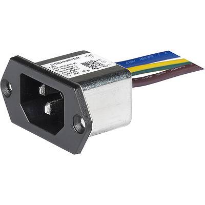 Ein schwarzer und silberner Stromstecker mit farbigen Drähten, die sich von der Rückseite erstrecken, wird für Verbindungen von Elektrogeräten verwendet.