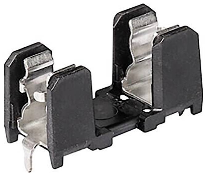 Ein Sicherungshalteclip, konstruiert um eine elektrische Sicherung sicher an ihrem Platz zu halten, mit zwei Metallkontakten und einer schwarzen Kunststoffbasis.