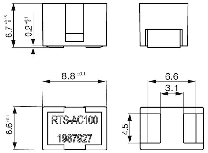 Technische Zeichnung einer Komponente mit der Bezeichnung „RTS-AC100 1987927