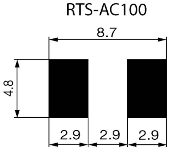 Diagramm mit Draufsicht des RTS-AC100 mit zwei schwarzen Balken, jeweils 2,9 breit, getrennt durch einen Abstand von 2,9. Gesamtbreite 8,7, Höhe 4,8.