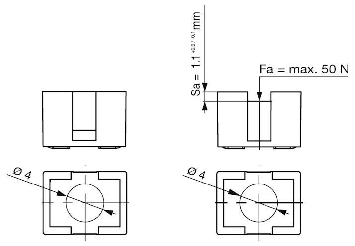 Technisches Diagramm mit Abmessungen eines mechanischen Bauteils. Zwei Ansichten zeigen Messungen: Durchmesser ø4 und Kraftgrenze Fa max 50 N.