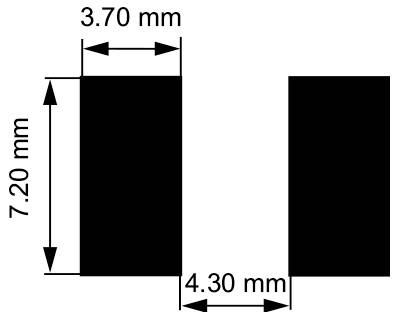 Ein Diagramm, das zwei vertikale schwarze Rechtecke zeigt. Das linke misst 7,20 mm in der Höhe und 3,70 mm in der Breite. Der Abstand zwischen ihnen beträgt 4,30 mm.