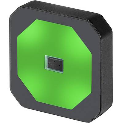 Ein kleines, schwarzes, oktagonales Gerät mit einer grünen Frontfläche und einem zentralen Sensor, möglicherweise ein kompakter biometrischer Scanner.