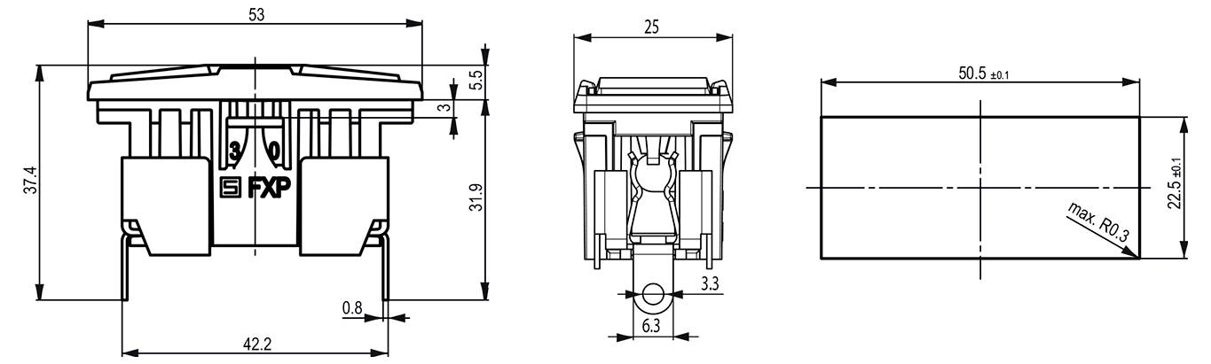 Technische Schemazeichnung einer FXP-Elektrokomponente mit detaillierten Abmessungen und Designspezifikationen als Herstellungsreferenz.