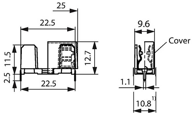 Technische Zeichnung einer elektronischen Komponente mit Abmessungen: 25x22,5x12,7 mm in einer Ansicht; 9,6x10,8 mm in der Seitenansicht.