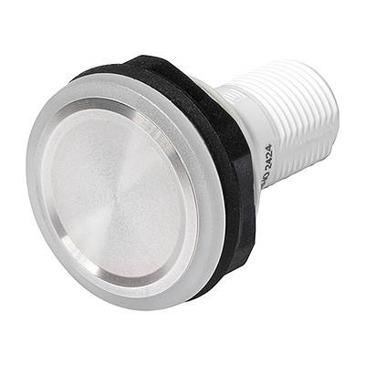 Drucktastenschalter mit silberner metallischer Oberseite und Gewinde-Weiß-Basis, verwendet für die Hauptstromversorgungskontrolle in elektronischen Geräten.