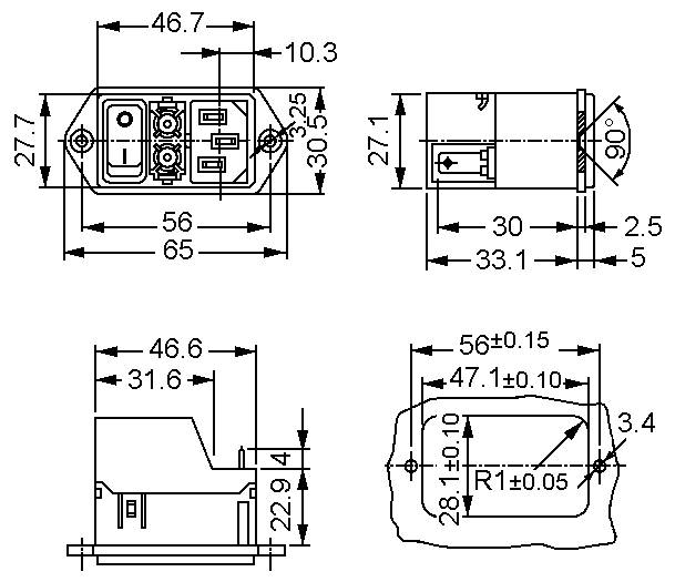 Technische Zeichnungen eines Elektrosteckers mit mehreren Ansichten und Abmessungen in Millimetern, einschließlich Breite, Höhe und Tiefe.