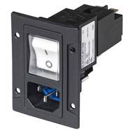 Ein schwarzes Bedienfeld mit einem weißen Ein-/Aus-Schalter, montiert in einem rechteckigen Gehäuse, geeignet für elektronische Geräte.