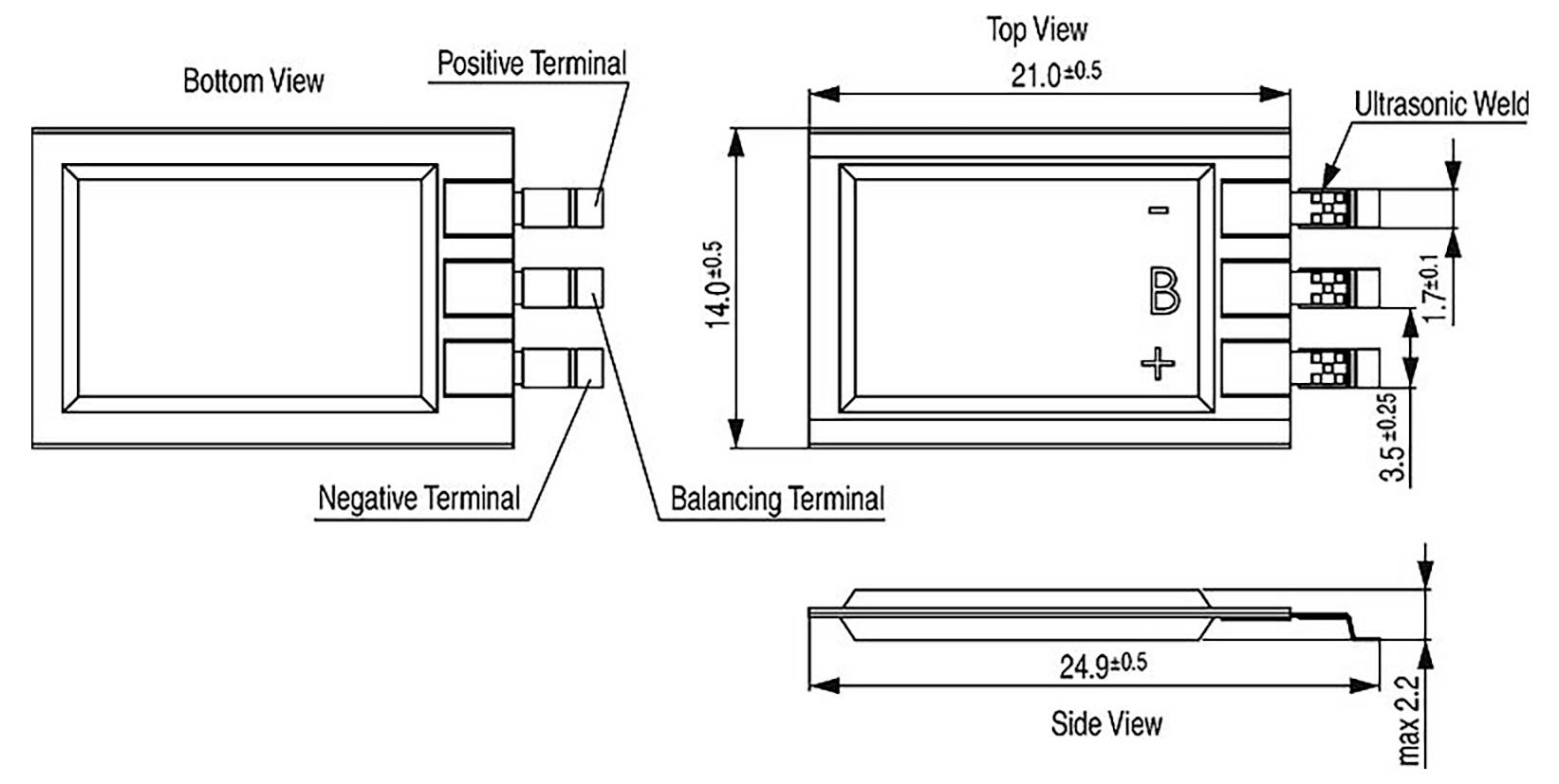 Batteriemessungen und Anschlussplatzierung: Draufsicht, Seitenansicht, Unteransicht. Umfasst positive, negative und Ausgleichsanschlüsse. Messungen in mm.