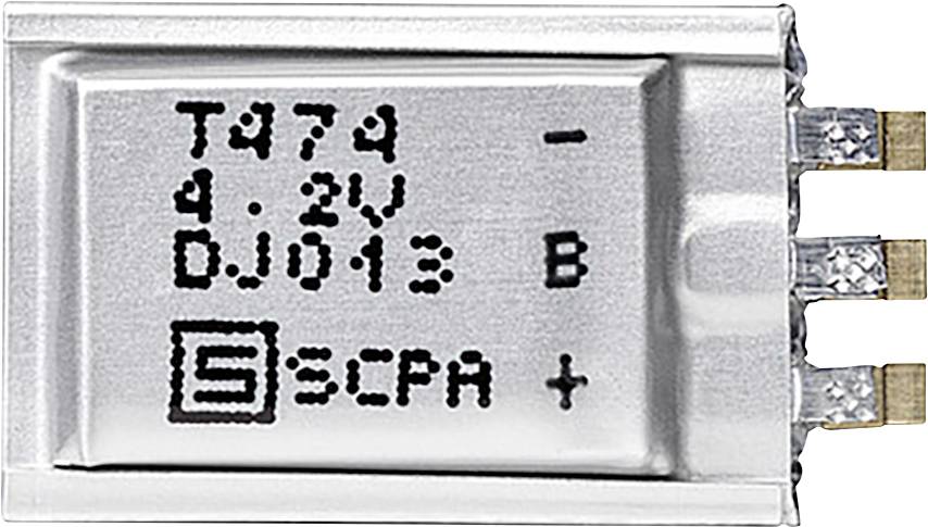 Eine Silberbatterie mit Text: „T474 4,2V DJ013