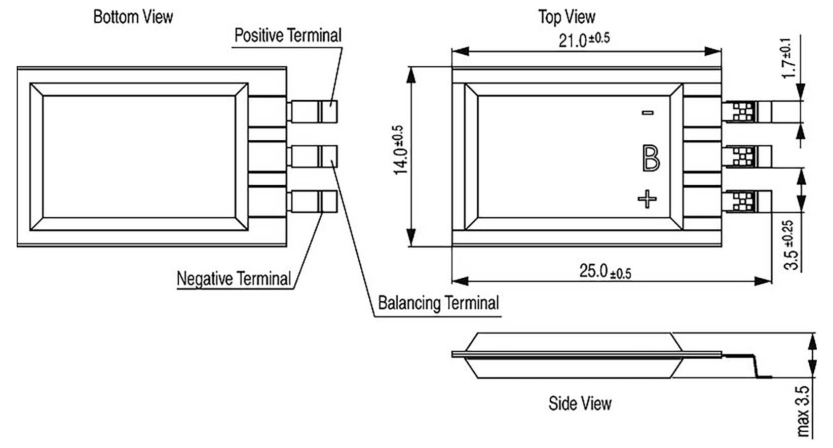 Diagramm einer rechteckigen Batterie mit Abmessungen. Draufsicht, Unteransicht und Seitenansicht werden mit gekennzeichneten Plusanschlüssen, Minusanschlüssen und Ausgleichsanschlüssen gezeigt.
