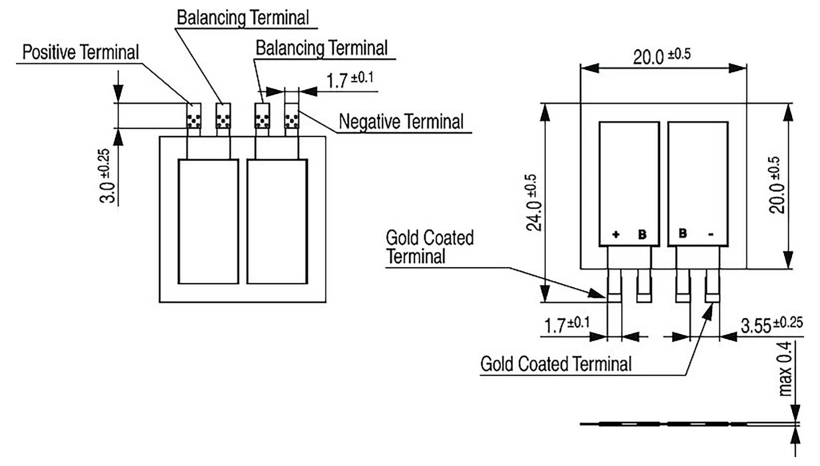 Diagramm einer Batterie mit positiven, negativen und Balancierungsanschlüssen. Abmessungen: Gesamtbreite 31,5 mm, Höhe 17 mm, maximale Dicke 2,7 mm.