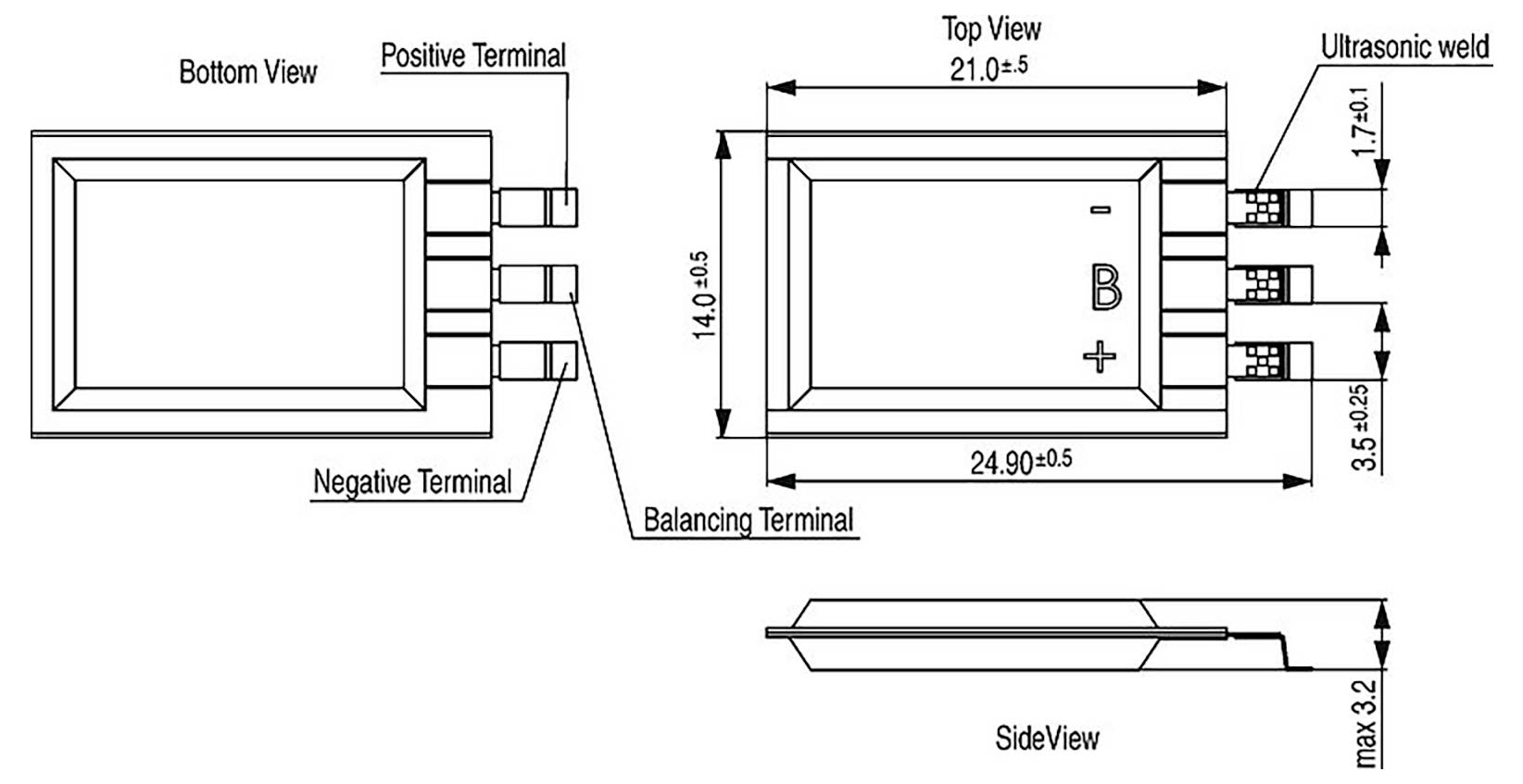 Batteriediagramm mit Drauf-, Unter- und Seitenansichten. Enthält Details: positive, negative und Ausgleichsklemmen, Ultraschallschweißbereich und Abmessungen: 14,0±0,5 mm Höhe, 24,9±0,5 mm Breite.