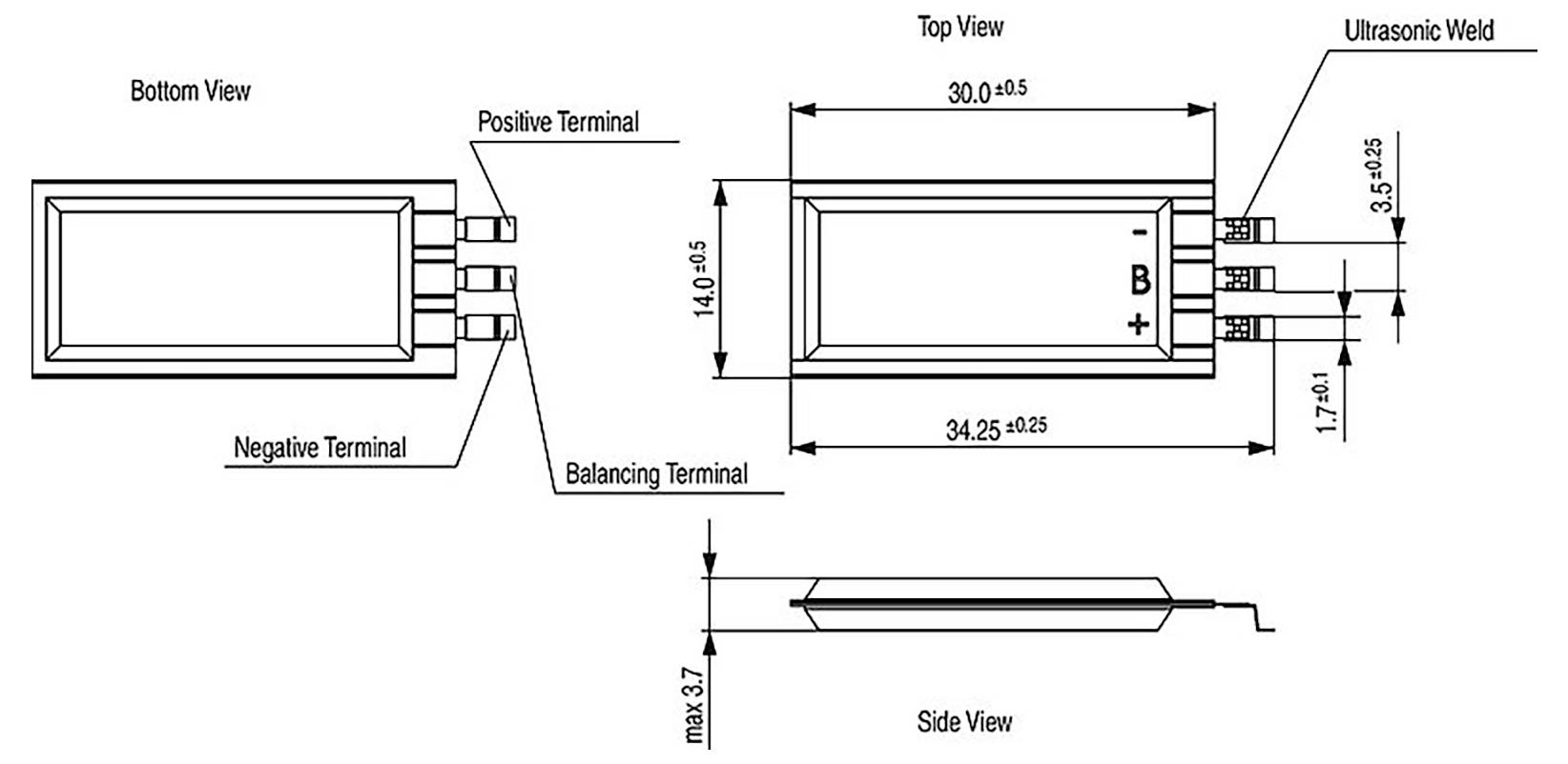 Diagramm mit drei Ansichten einer Batterie: Unterseite, Oberseite und Seitenansicht. Enthält Abmessungen, positive und negative Anschlüsse sowie Ultraschallschweißung.
