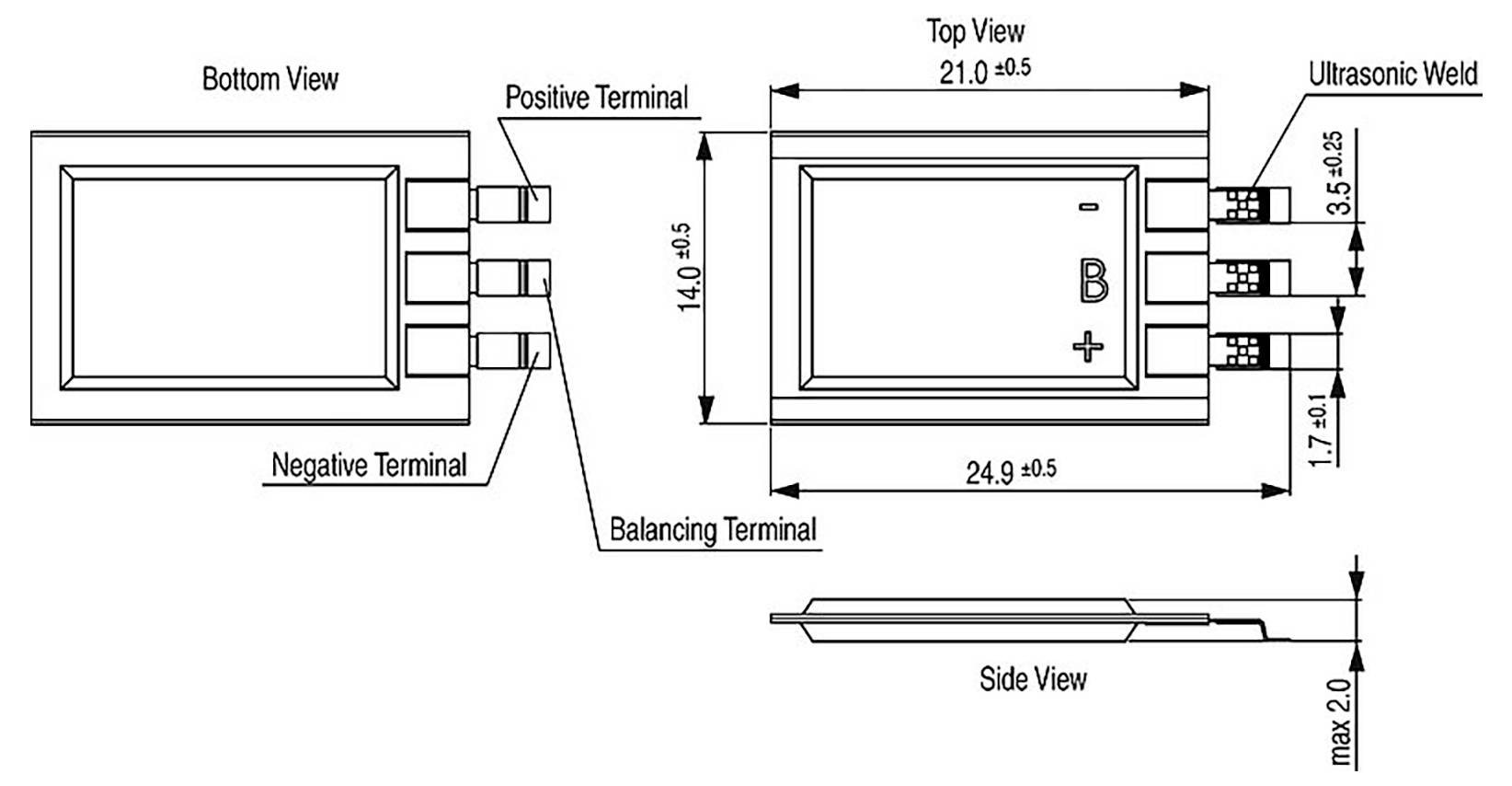 Diagramm, das die Abmessungen einer zylindrischen Batterie zeigt. Enthält Draufsichten und Bodenansichten mit gekennzeichneten positiven und negativen Anschlüssen. Messungen sind detailliert aufgeführt.