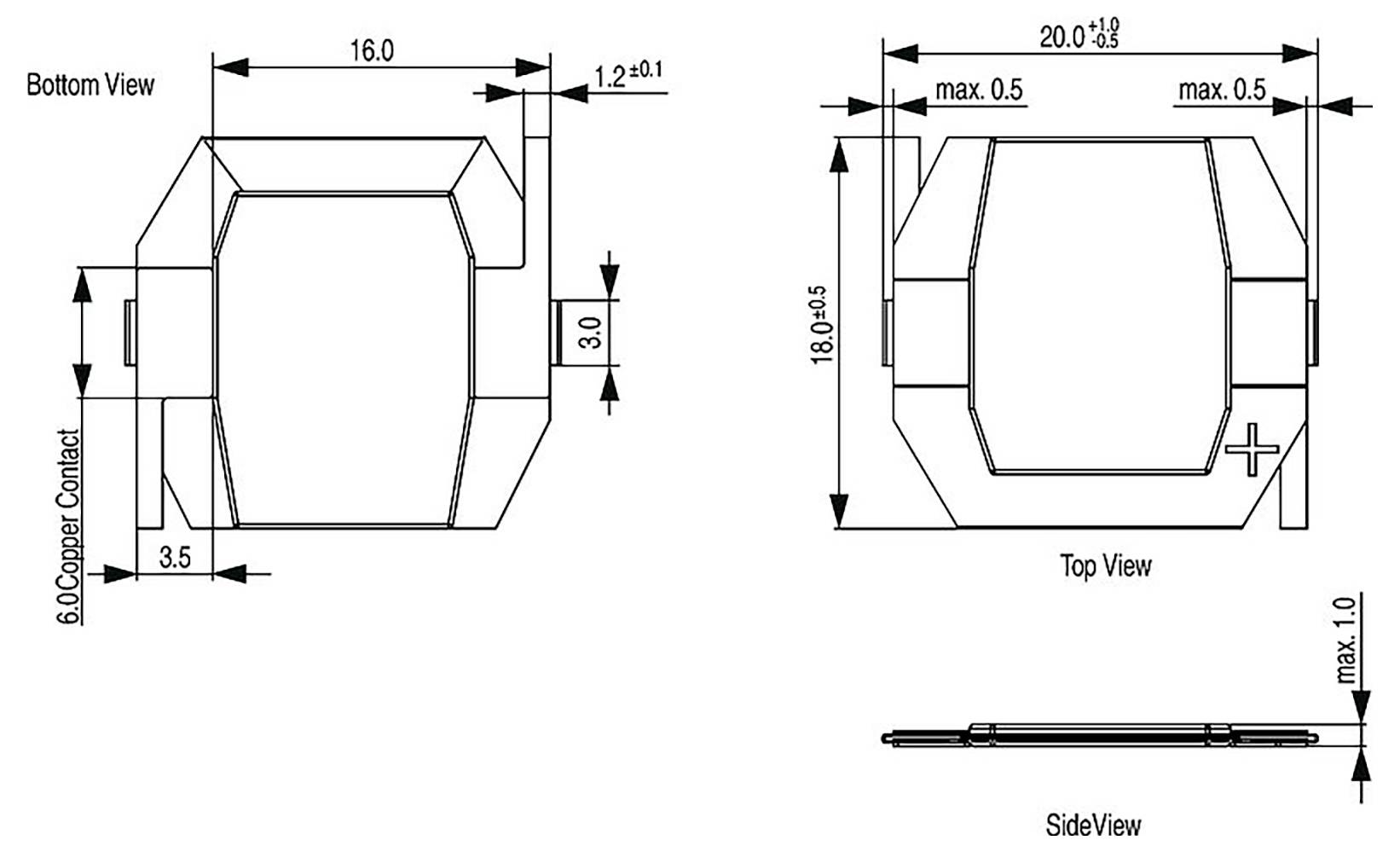 Abmessungen der elektrischen Komponente: Unteransicht beträgt 16,0 x 18,0 mm mit Kontakten, Oberansicht zeigt maximale Dicke von 0,5 mm, Seitenansicht maximal 1,0 mm.