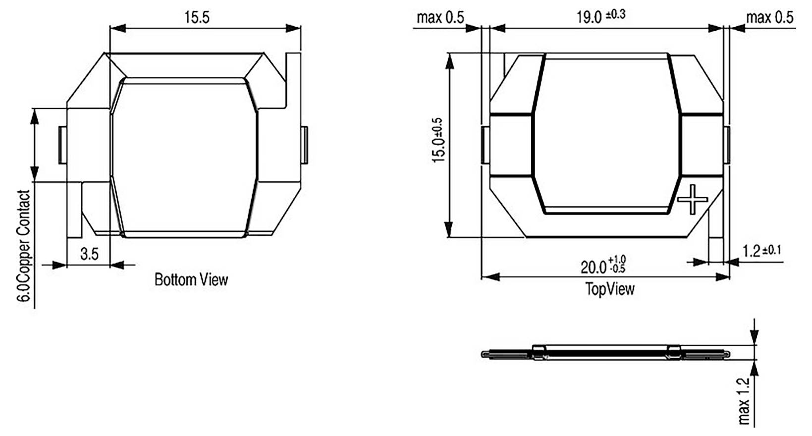 Technisches Schaltbild einer elektronischen Komponente. Enthält Draufsicht, Unteransicht und Seitenansicht mit Abmessungen und Beschriftungen für verschiedene Teile.