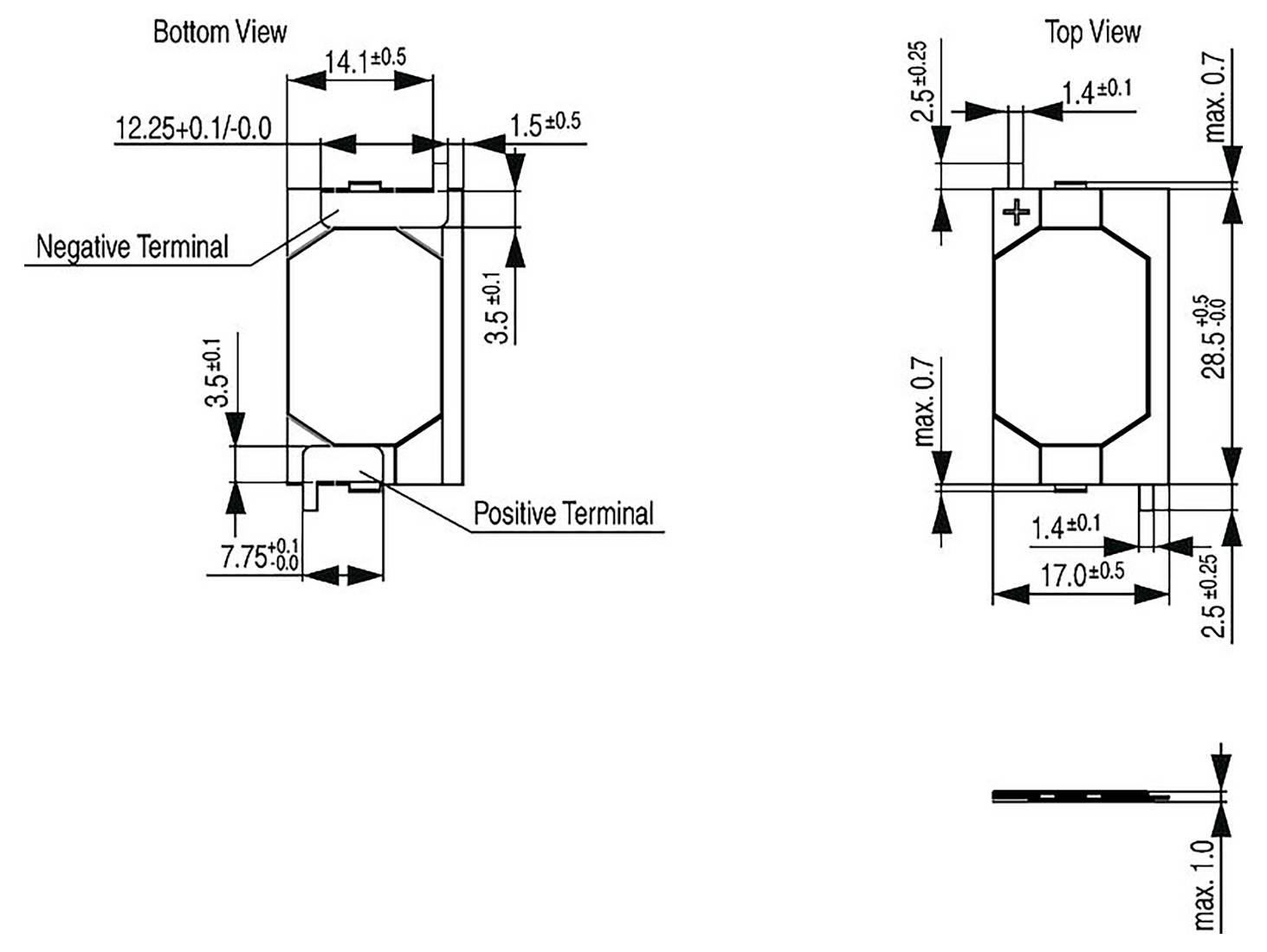 # Technisches Diagramm mit Batteriemaßen von Boden-, Ober- und Seitenansicht. Wichtige Messungen umfassen Breite, Höhe und Anschlusspositionierungen.