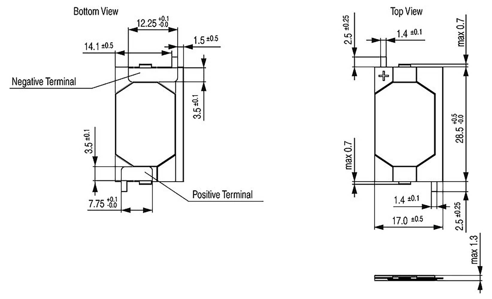 Technisches Diagramm mit Unter- und Oberansicht eines Bauteils. Abmessungen und Positionen der Minus- und Pluspole sind gekennzeichnet.